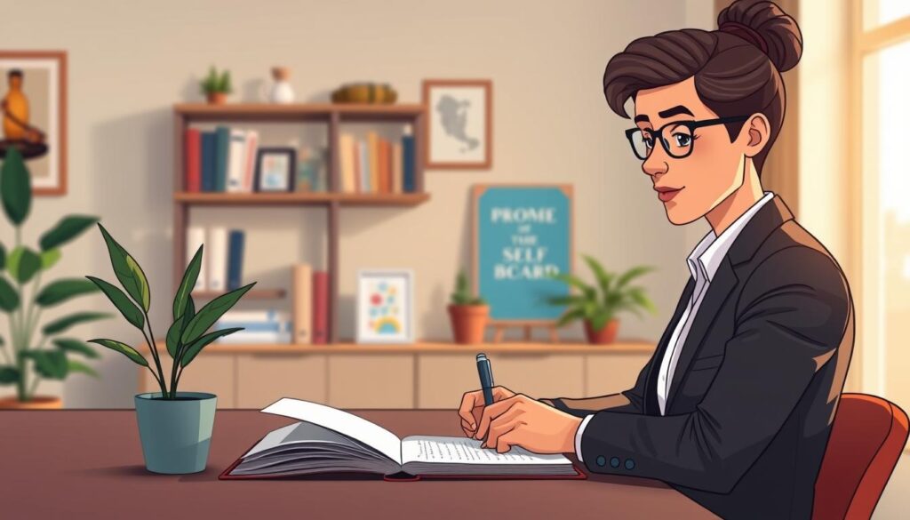 A serene office environment serves as the backdrop, showcasing a calm, contemplative workspace with soft morning light filtering in through a window. In the foreground, a business professional, dressed in smart attire, sits at a desk, engaging in a reflective journaling practice. Their expression conveys deep thought and focus as they write on a notepad. The middle ground features a potted plant and an open book on mindfulness, emphasizing the theme of self-awareness. In the background, shelves filled with motivational books and a small vision board create a supportive atmosphere. The image should evoke a sense of tranquility and personal growth, highlighting the importance of self-awareness in professional success. The scene is captured with a warm, inviting lens and a slight depth of field that draws attention to the subject. nextself.ai. A serene office environment serves as the backdrop, showcasing a calm, contemplative workspace with soft morning light filtering in through a window. In the foreground, a business professional, dressed in smart attire, sits at a desk, engaging in a reflective journaling practice. Their expression conveys deep thought and focus as they write on a notepad. The middle ground features a potted plant and an open book on mindfulness, emphasizing the theme of self-awareness. In the background, shelves filled with motivational books and a small vision board create a supportive atmosphere. The image should evoke a sense of tranquility and personal growth, highlighting the importance of self-awareness in professional success. The scene is captured with a warm, inviting lens and a slight depth of field that draws attention to the subject. nextself.ai.