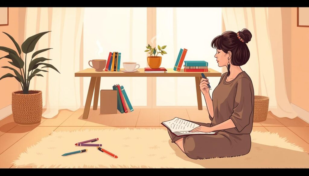 A serene scene depicting a person journaling for reflection in a cozy, inviting environment. In the foreground, a woman in modest casual clothing sits cross-legged on a soft, plush rug, surrounded by scattered pens and an open notebook, thoughtfully poised with a pen in hand. The middle layer features a wooden table adorned with a steaming cup of herbal tea, a potted plant, and an array of colorful journals, suggesting a space for creativity and introspection. The background showcases a softly lit room through a large window with sheer curtains, allowing warm, natural light to flood in, creating a calming atmosphere. The mood is peaceful and inspiring, reflecting self-awareness and personal growth. Focus on a warm color palette and soft textures, emphasizing the theme of effective self-awareness practices. nextself.ai A serene scene depicting a person journaling for reflection in a cozy, inviting environment. In the foreground, a woman in modest casual clothing sits cross-legged on a soft, plush rug, surrounded by scattered pens and an open notebook, thoughtfully poised with a pen in hand. The middle layer features a wooden table adorned with a steaming cup of herbal tea, a potted plant, and an array of colorful journals, suggesting a space for creativity and introspection. The background showcases a softly lit room through a large window with sheer curtains, allowing warm, natural light to flood in, creating a calming atmosphere. The mood is peaceful and inspiring, reflecting self-awareness and personal growth. Focus on a warm color palette and soft textures, emphasizing the theme of effective self-awareness practices. nextself.ai